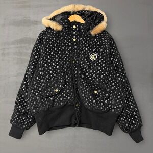 Y2K Rocawear Bomber Jacket Black Silver Metallic Logo Faux Fur Hood Women's 3X